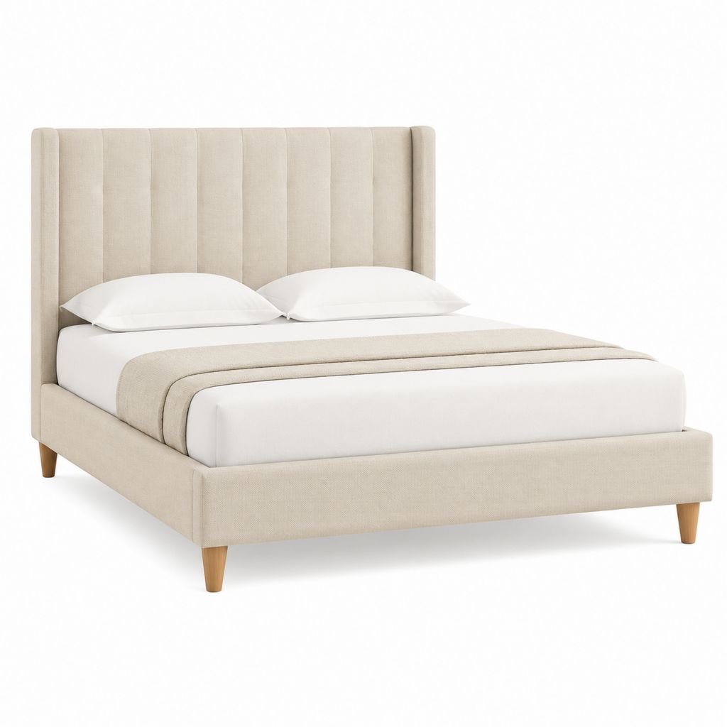 Polsterbett Doppelbett Beige mit Polyesterbezug und vertikal gestepptem Kopfteil 180 x 200 cm