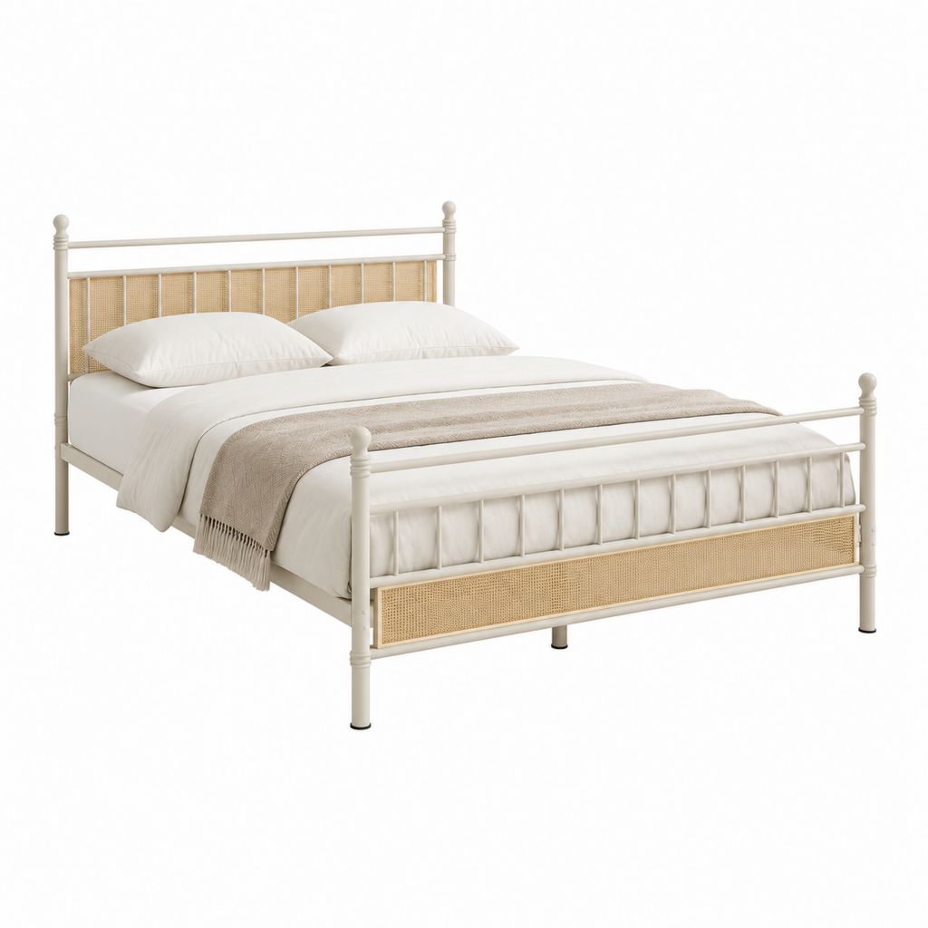 Metallbett Doppelbettgestell Weiß Stahl und Rattan rechteckig für Matratze 160 x 200 cm