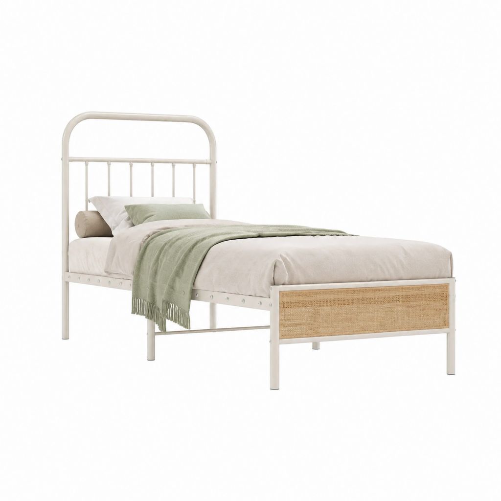 Metallbett Einzelbett Cremeweiß aus pulverbeschichtetem Stahl mit Rattan-Geflecht rechteckig 90 x 200 cm