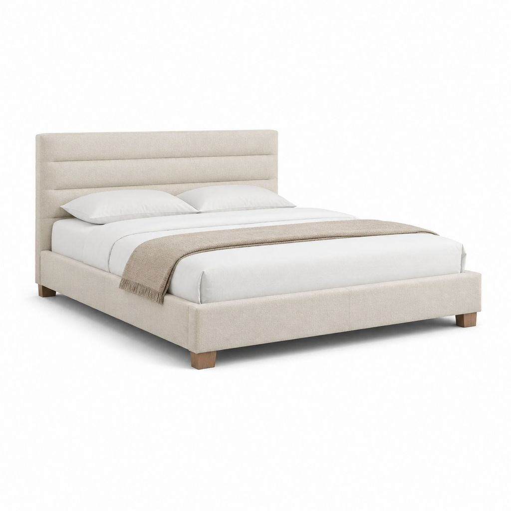 Polsterbett Doppelbett Beige mit Polyesterbezug und Holzfüßen 160 x 200 cm