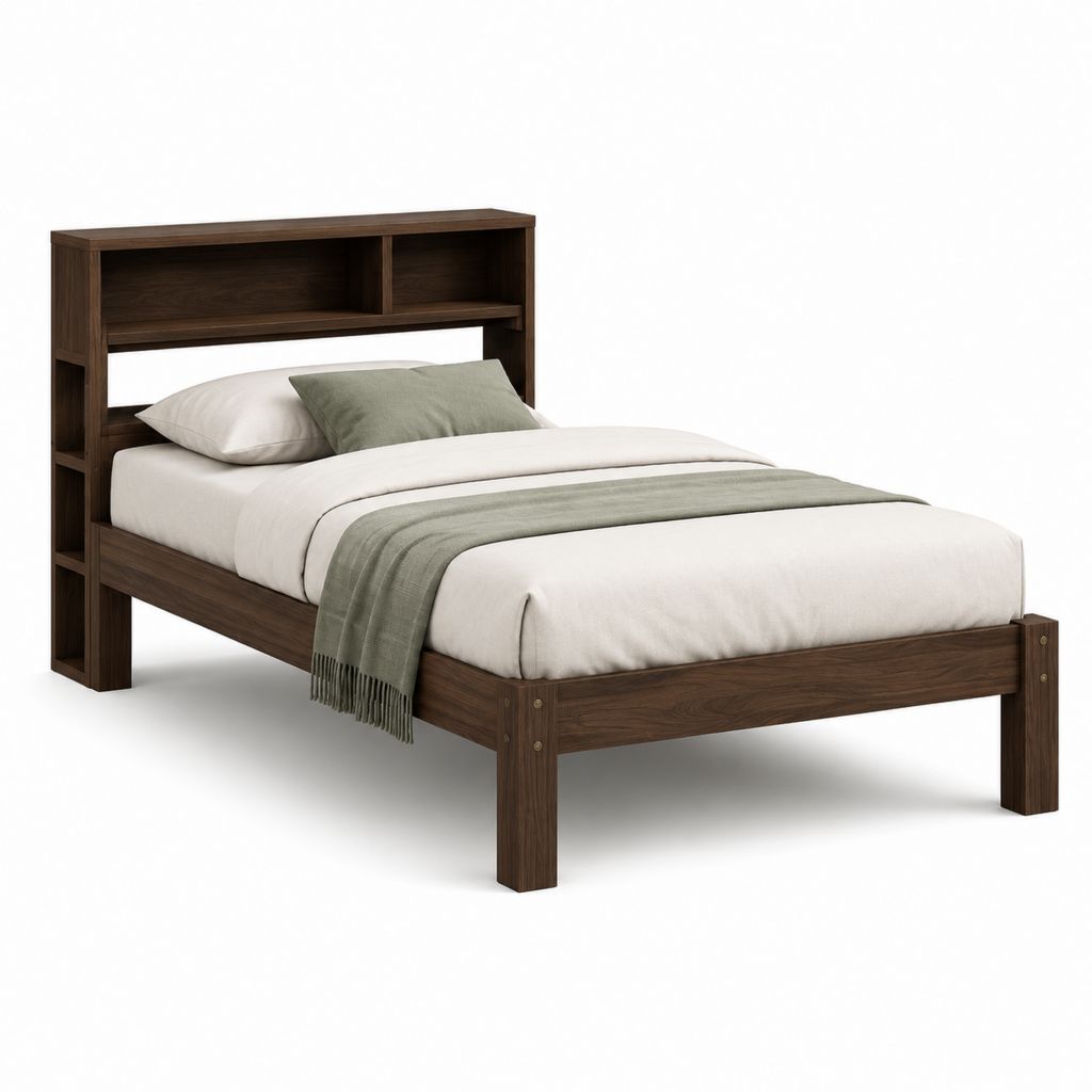 Bettgestell 90 x 200 cm Nussbaumdekor Spanplatte rechteckig mit Regal-Kopfteil