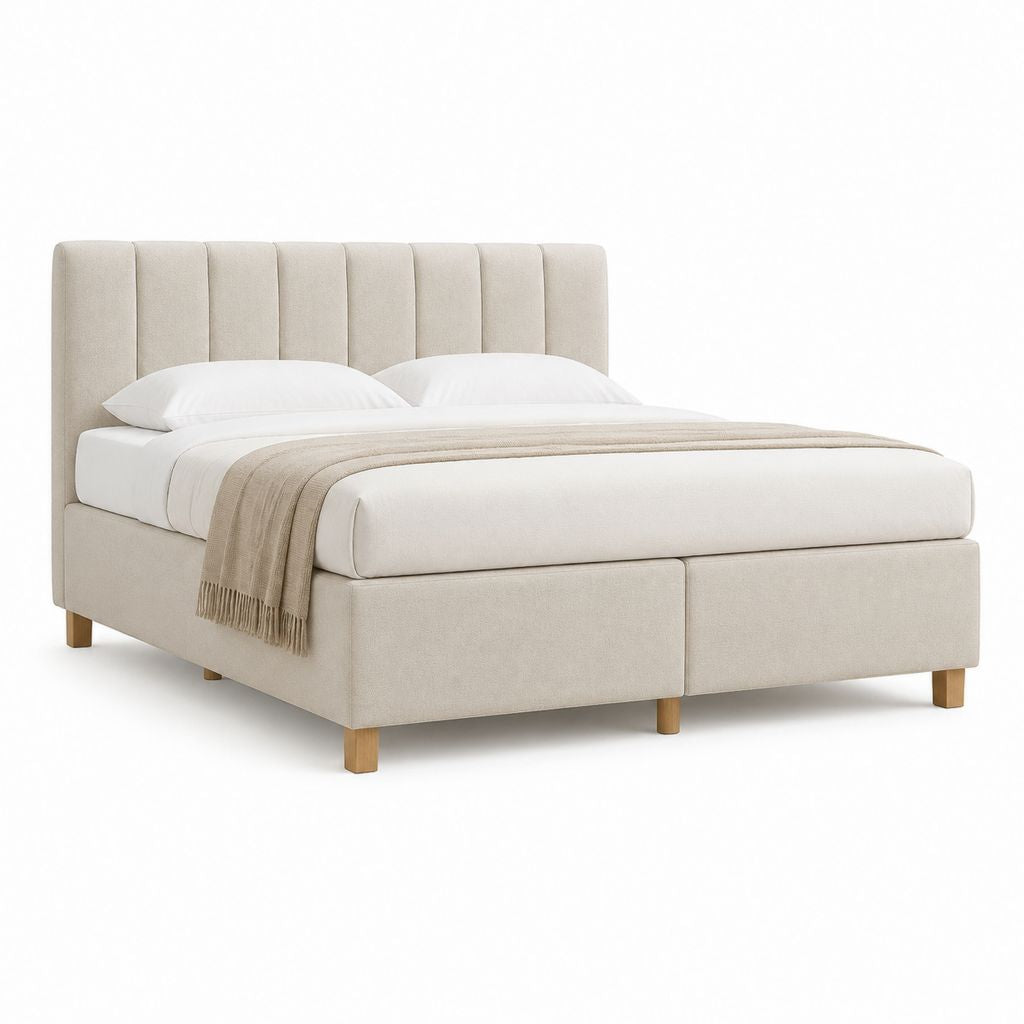 Polsterbett Doppelbett Beige mit Polyesterbezug und Holzfüßen 160 x 200 cm