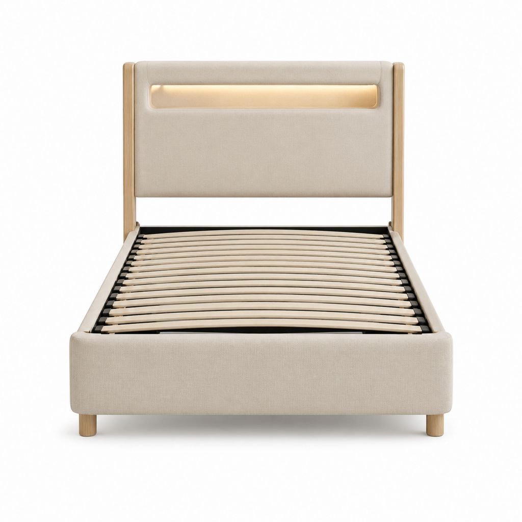 Polsterbett Beige mit LED-Kopfteil Holzlattenrost 140 x 200 cm