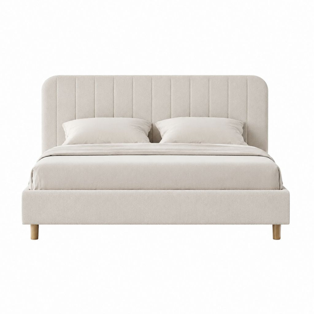 Polsterbett Bettgestell in Beige mit Polyesterbezug und vertikal gestepptem Kopfteil 180 x 200 cm