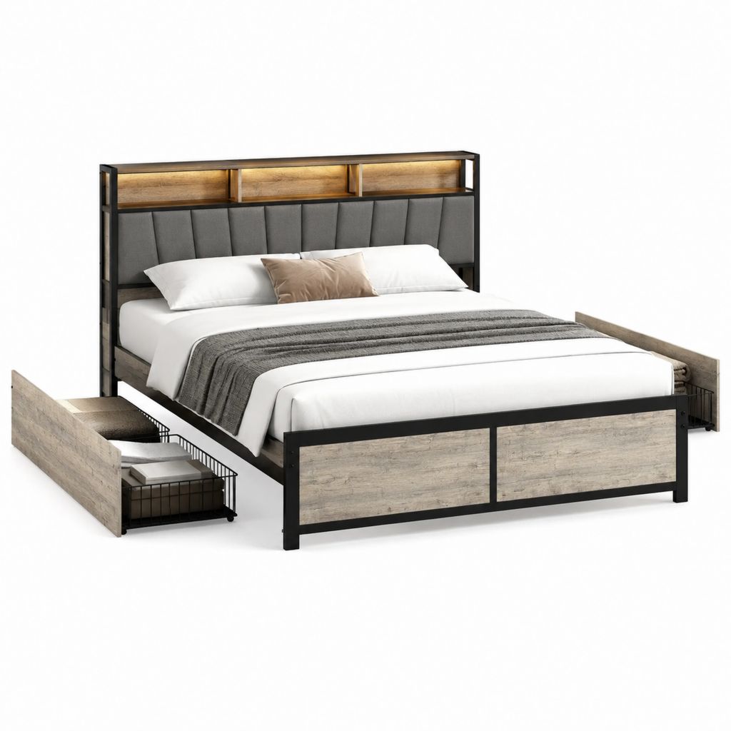 Stauraumbett Doppelbett Grau Schwarz mit gepolstertem Kopfteil und Schubladen 160 x 200 cm
